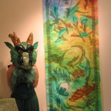 earth dragon mask and monoprint banner
